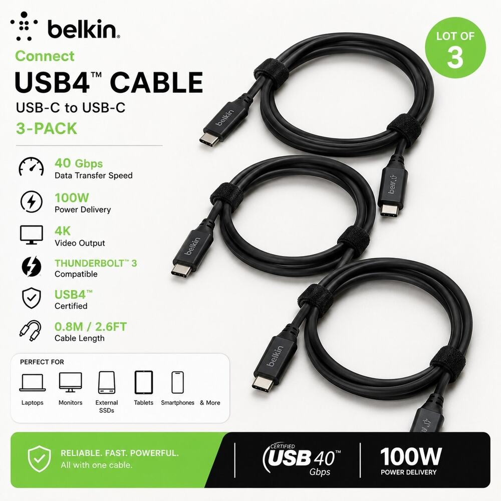 Lot of 3 Belkin Connect USB4 USB-C Cables 0.8M 100W 40Gbps Thunderbolt 3